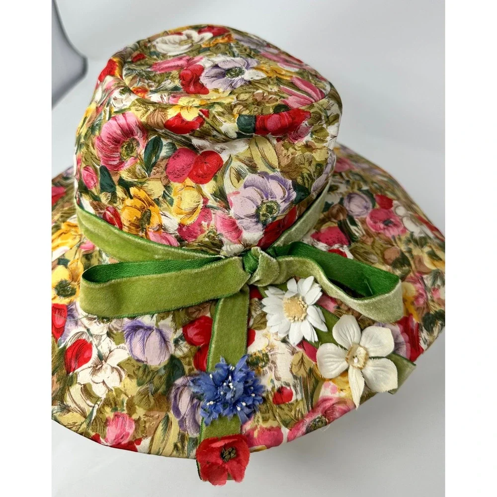 Vintage Luci Puci Floral Sun Hat Green Velvet Ribbon 3D Flowers Made in USA
